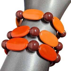 Unbranded‎ Stretch Bracelet Set Women OS Orange Brown Chunky Retro Mod 3pc Stack